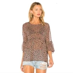 BCBGeneration Boho Kaleidoscope Abstract Sheer Ruffle Hem Top